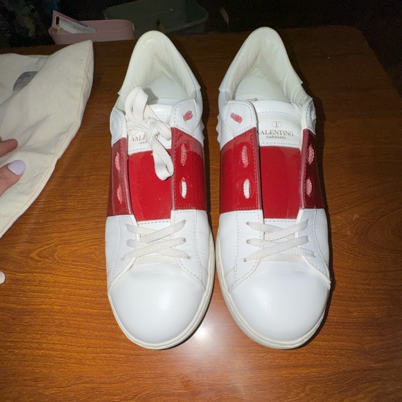 Valentino Garavani Shoes - Valentino Garavani White and Burgundy Sneakers